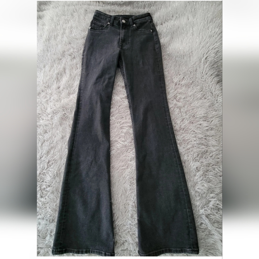 H&M Divided Flare Jeans Black Denim Stretch Y2k Skinny Flared Mid Rise 0 32 Long